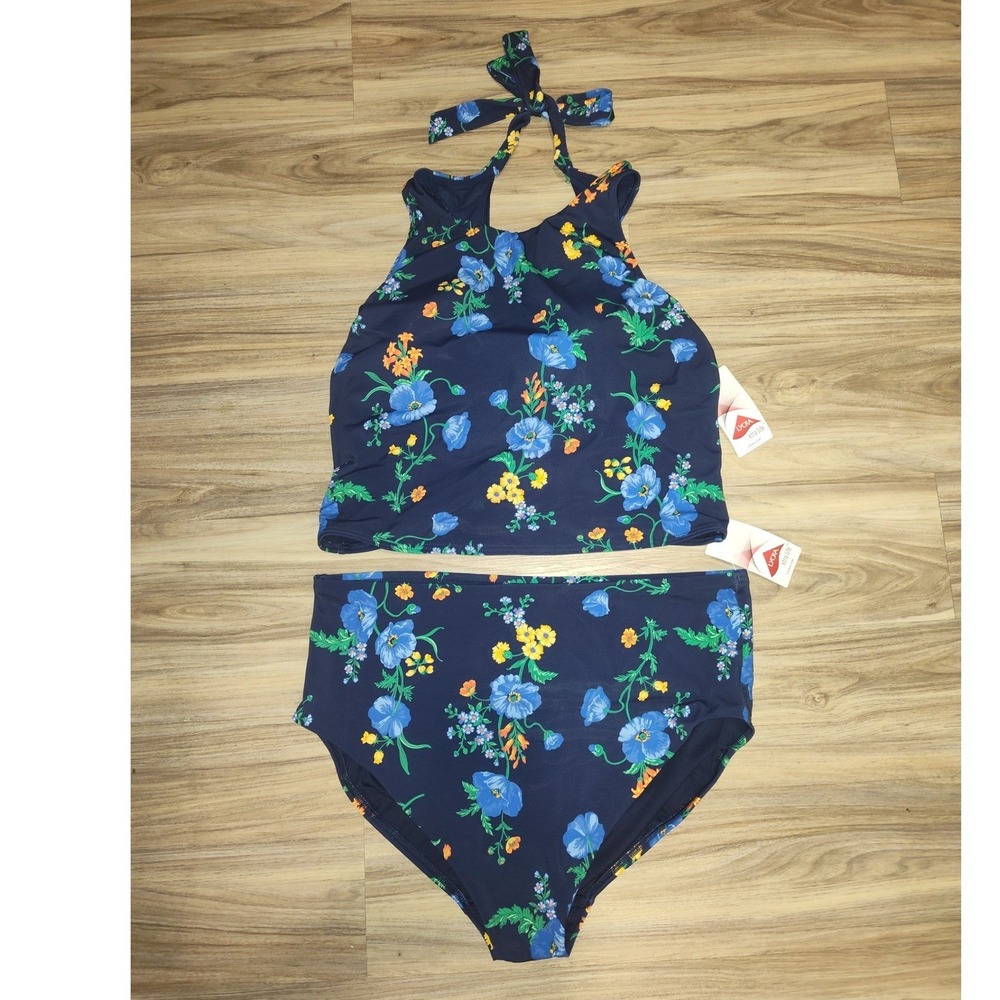 Lands End Womens 1X 16W-18W Navy Blue Floral Tankini High Neck Swimsuit Set NWT